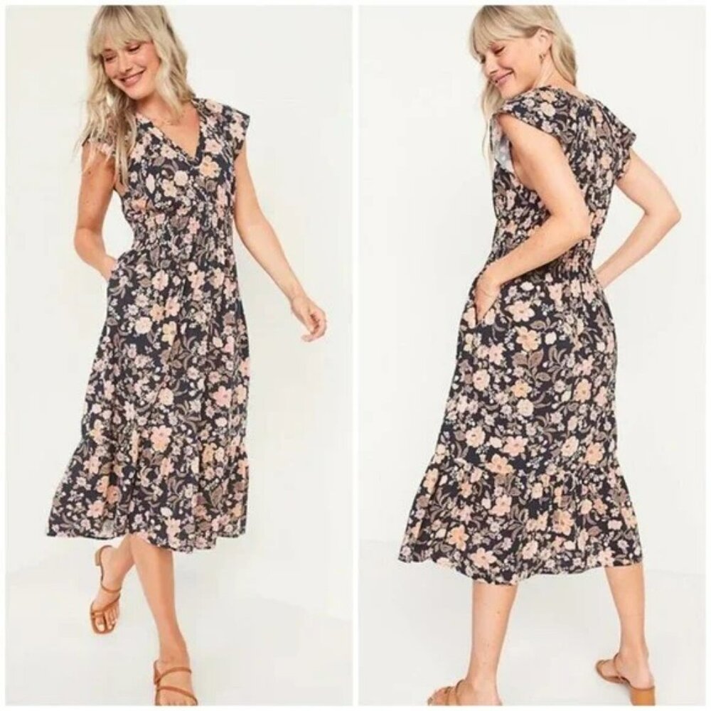 Flutter-Sleeve Smocked Floral Midi Dress Plunge V Neck Pockets Petite